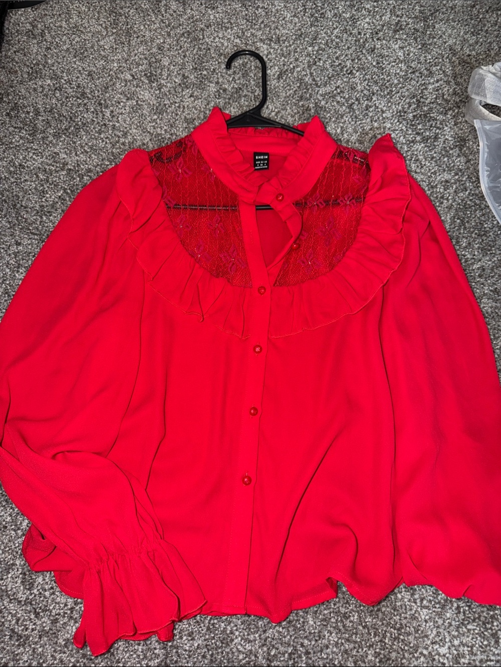 SHEIN Bright Red Lace Yoke Ruffle Blouse
